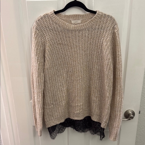 no comment Sweaters - no comment Light Tan Knit Sweater with Black Lace Hem